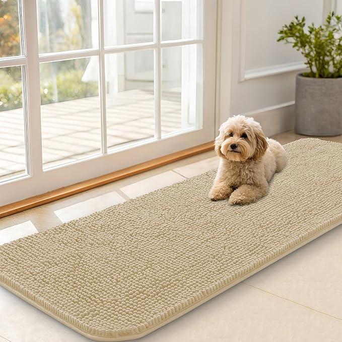 OLANLY Dog Door Mat for Muddy Paws 59x20, Absorbs Moisture and Dirt, Absorbent Non-Slip Washable Doormat, Quick Dry Chenille Mud Mat for Dogs, Entry Indoor Entryway Carpet for Inside Floor, Beige