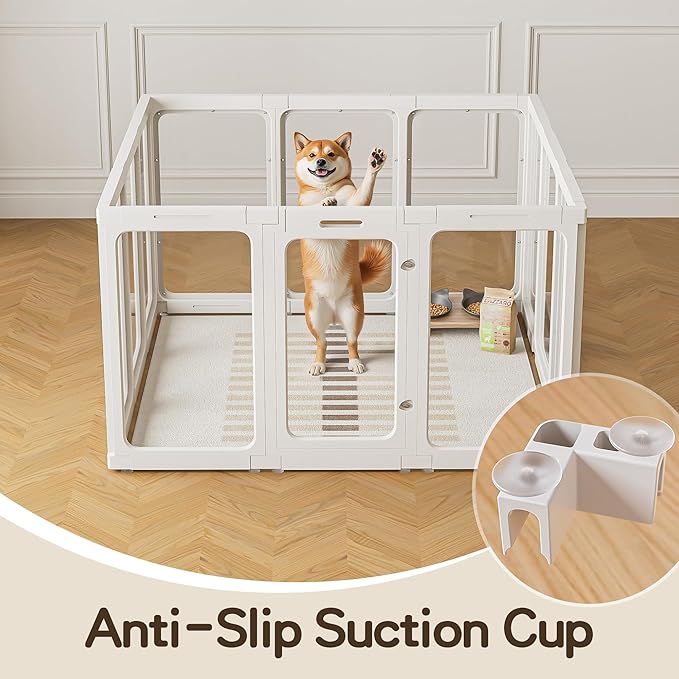 Jalove Acrylic Dog Playpen Indoor, 12 PCS Plastic Pet Playpen with Door, 24“ H Clear Pet Play Pen for Puppy Cat Rabbit Ferret, Easy Assemble Dog Pen, Preferable for Small Cage, White