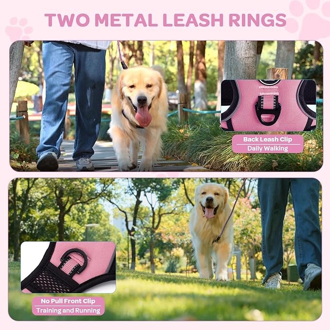 FURRYFECTION Dog Harness | No Pull Dog Harness | Reflective Oxford | Padded Handle | 4 Adjustable Straps | 2 Leash Clips | No Choke Pet Vest Harness for Small Medium Large Dogs | Pink | L