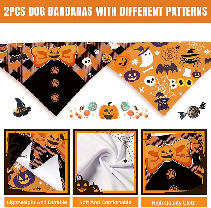Halloween Dog Bandanas 2 Pcs, Pet Scarf for Dog Girl Boy, Spooky Triangle Puppy Scarf Kerchief Bandana Pet Dogs On Halloween, Ghost Pumpkin Bat Print Gifts for Dogs Lovers (Medium)
