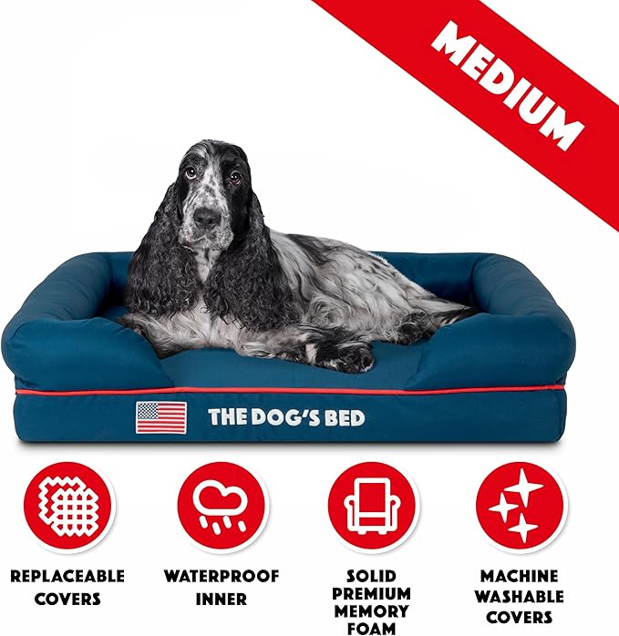 The Dog’s Bed, Medium Blue Oxford with Red Trim USA Flag Dog Bed, Memory Foam, Pain Relief, Post Surgery, Lameness, Supportive, Calming, Waterproof Washable Cover