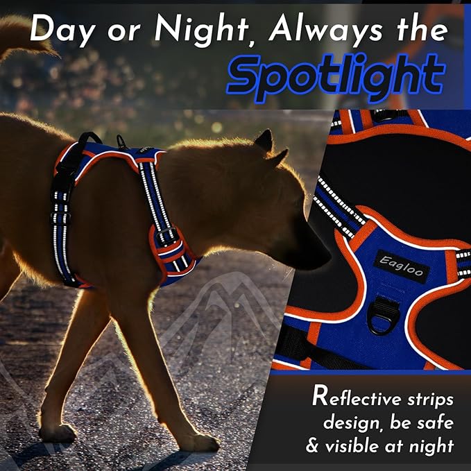 Eagloo Dog Harness for Large Dogs, No Pull Service Vest with Reflective Strips and Control Handle, Adjustable and Comfortable for Walking, No Choke Harness with 2 Metal Rings, Blue & Orange, M