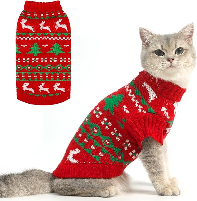 KOOLTAIL Cat Sweater Turtleneck- Soft Knit Cat Christmas Sweaters for Cats Only, Elk Christmas Tree Pattern Thick Warm Cold Weather Pet Clothes Outfit for Small Medium Large Size Kitten Puppy Red L