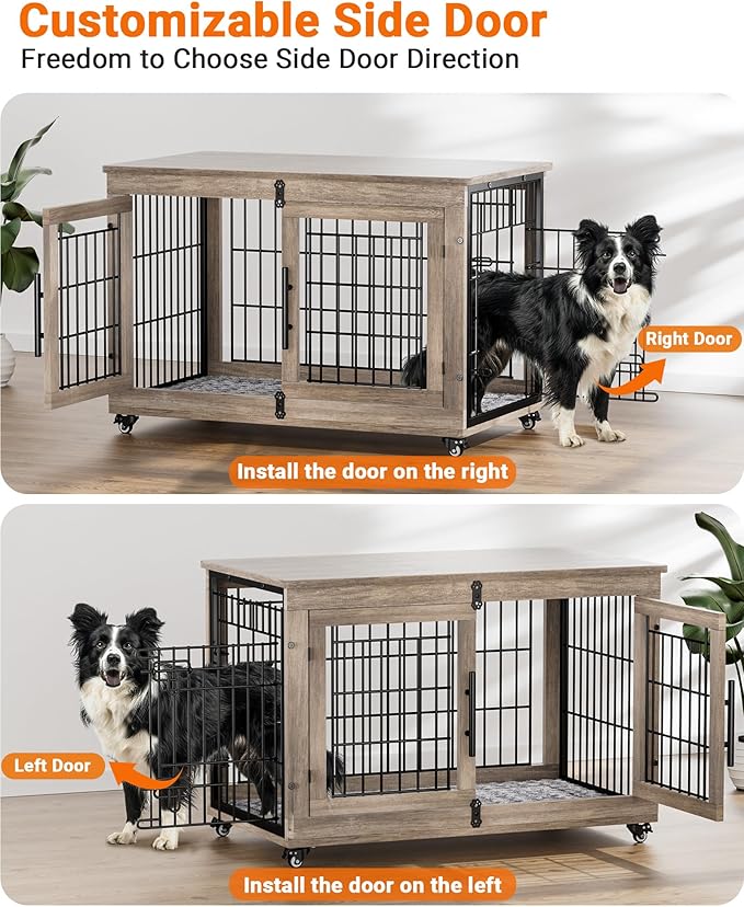Dog Crate Furniture with Cushion, Large Wooden Dog Kennel Indoor with Double Doors, Dog Cage with Wheels, Dog House Side End Table for Large Medium Dogs up to 70 lb, 38.5” L, Grey