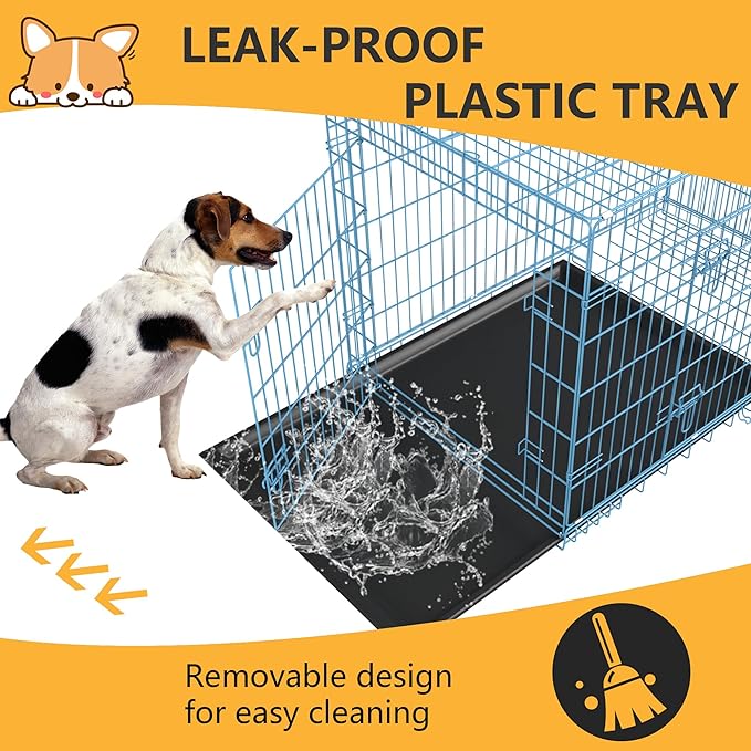 FDW Dog Crate for Medium Dogs 36 Inch Folding Metal WirePet Cage Double Door W/Divider Panel Indoor Outdoor Kennel Leak-Proof Plastic Tray,Blue