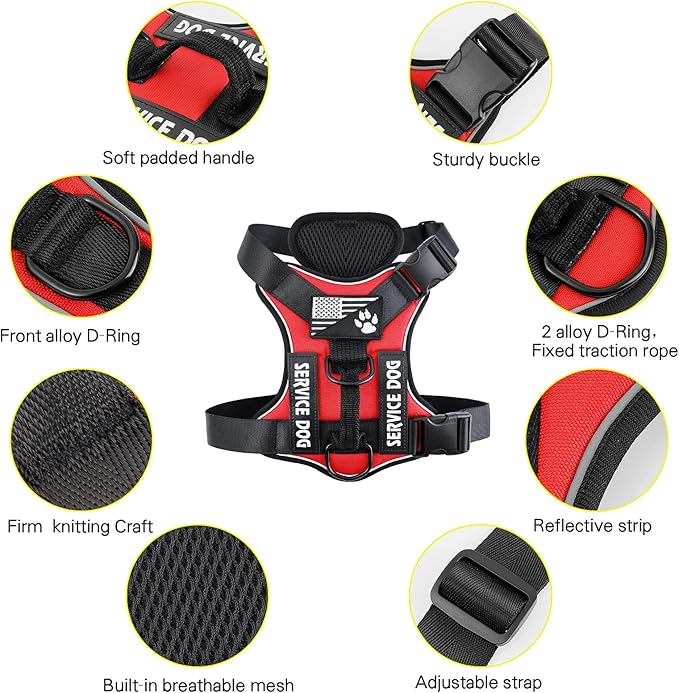 Demigreat Service Dog Harness, Reflective Dog Vest Harness with 5 PCS Patches, Adjustable Soft Oxford Pet Harness, Inner Layer Mesh, Easy to Control for Small Medium Large Dogs