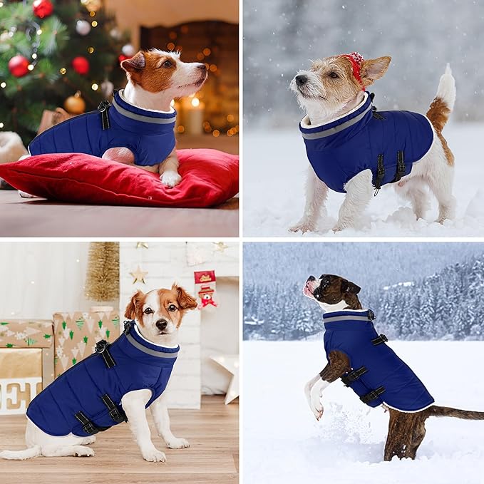 Dogcheer Dog Coat, Waterproof Dog Jacket with Harness, Reflective Adjustable Puppy Winter Coat with Zipper, Christmas Snow Jacket Clothes for Small Medium Large Dogs - Blue XL