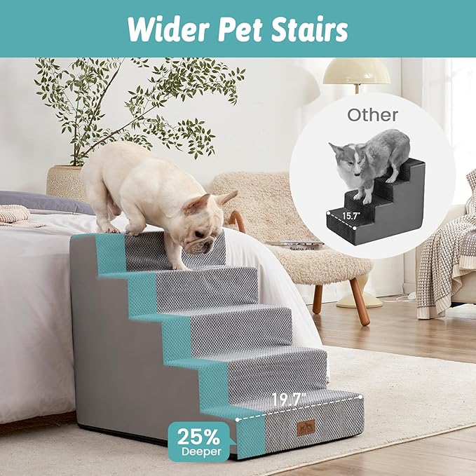 Dog Stairs for Small Dogs, 5 Tier Wider Pet Stairs for High Beds, 23.6" H Non-Slip Dog Steps for Old Cats, Puppies, Small Medium Dogs, 19.7x29.5x23.6 inch, Grey