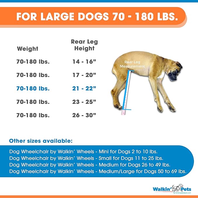 Walkin' Wheels Dog Wheelchair - for Large Dogs 70-180 Pounds - Veterinarian Approved - Dog Wheelchair for Back Legs