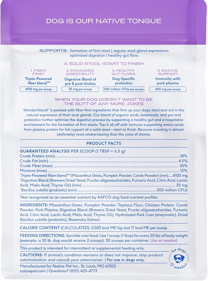 Native Pet WonderGland - Dog Anal Gland Treatment Using Fiber for Dogs - Prevent Scooting for Dogs Anal Gland Supplement Including Dog Gut Health Probiotics for Anal Gland Support - 30 Scoops