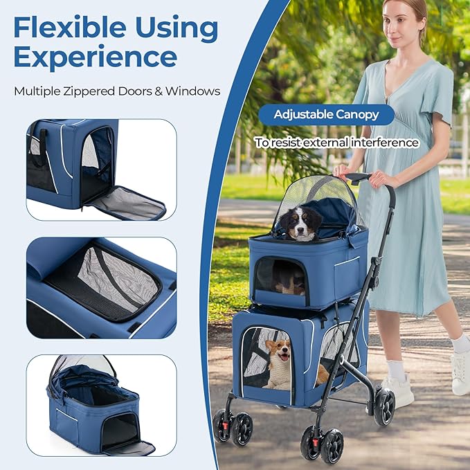 Giantex Double Dog Stroller for 2 Dogs, Detachable Carriers, Safety Belt, 4 Lockable Wheels, Pet Travel Carrier Strolling Cart, Folding Cat Stroller for Small Medium Pets Dogs (Blue)