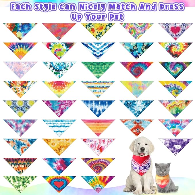Amylove 120 Pcs Halloween Dog Bandanas Bulk Thanksgiving Day Holiday Triangle Dog Pack Puppy Kerchief Bandana Adjustable Pet Scarf for Pet Cat Costume Accessories Decor(Tie Dye)