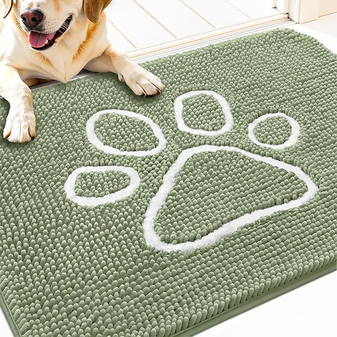 OLANLY Dog Door Mat for Muddy Paws 30x20, Paw Print Design, Absorbs Moisture and Dirt, Non-Slip Washable Doormat, Quick Dry Chenille Mud Mat for Dogs, Entry Indoor Entryway Carpet, Sage Green