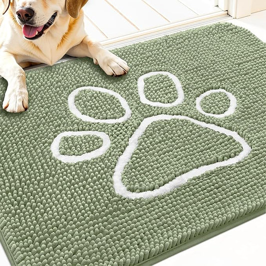 OLANLY Dog Door Mat for Muddy Paws 30x20, Paw Print Design, Absorbs Moisture and Dirt, Non-Slip Washable Doormat, Quick Dry Chenille Mud Mat for Dogs, Entry Indoor Entryway Carpet, Sage Green