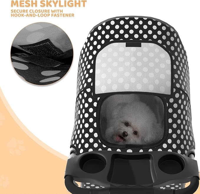 Magshion 3-Wheel Pet Stroller, Foldable Travel Jogger for Small & Medium Dogs & Cats (Up to 33lbs), Lightweight Carrier with Breathable Mesh Cover, Cup Holder & Storage Basket, Black Polka Dots
