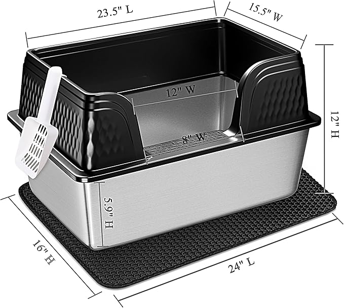 Vealind XXL Stainless Steel Cat Litter Box High Sided with Lid 23.7" L x 16" W x 12" H Side Entry Extra Large Metal Cat Litter Pan with Scoop and Mat for Big Cats Black
