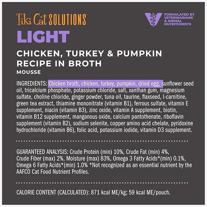 Tiki Cat Solutions Light Mousse, Chicken, Turkey & Pumpkin, Formulated to Support Healthy Trim and Fit, Functional Wet Cat for Adult Cats, 2.4 oz. Pouch (12 Count)