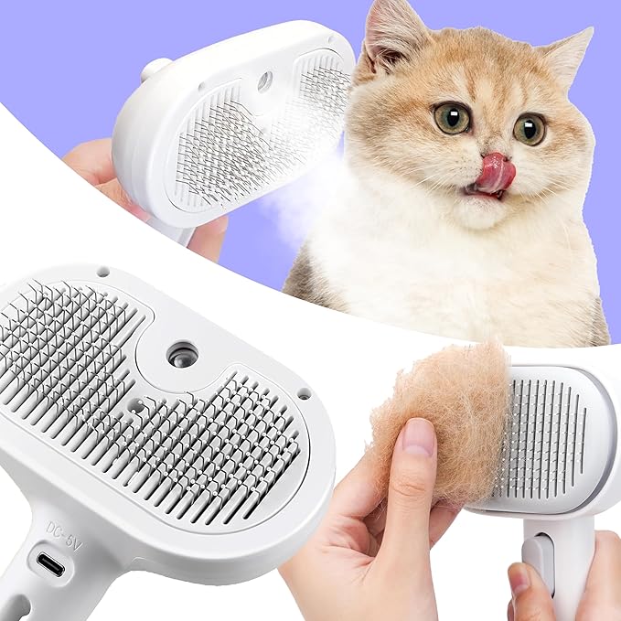Cat Steam Brush, 3 in 1 Pet Hair Removal Tool, Self Cleaning Steamy Cat Brush for Massage, Dog Brush for Shedding, Cat&Dog Hair Remover