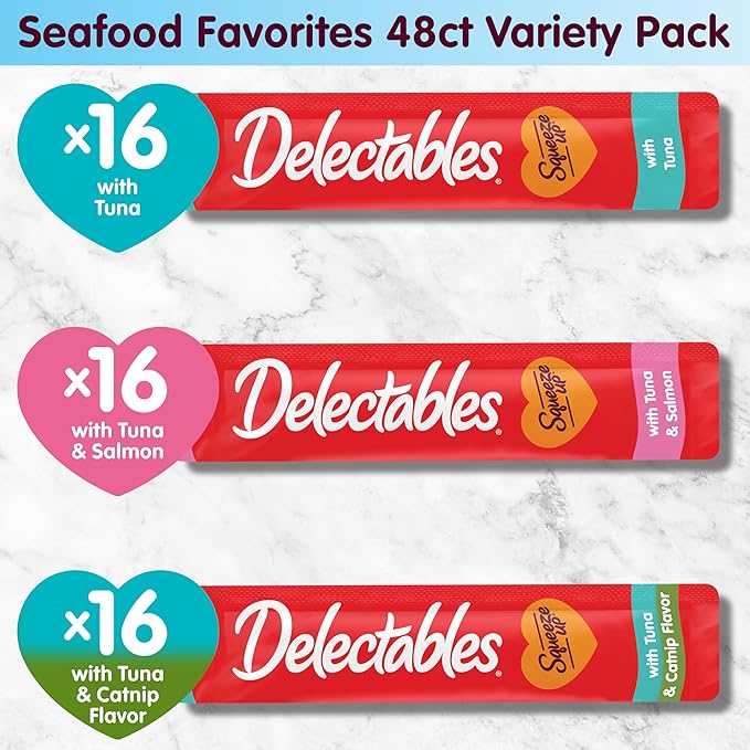 New! Delectables Squeeze Up Tuna Variety Pack, Creamy Squeezable Puree, Lickable Wet Cat Treats, Grain-Free, No Added Fillers, 0.5 Ounces Tube, 48 Tubes Total