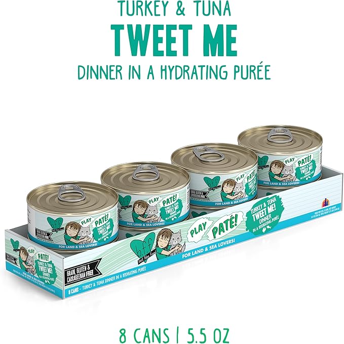 Weruva B.F.F. Play - Best Feline Friend Paté Lovers, Aw Yeah!, Turkey & Tuna Tweet Me! with Turkey & Tuna, 5.5oz Can (Pack of 8)