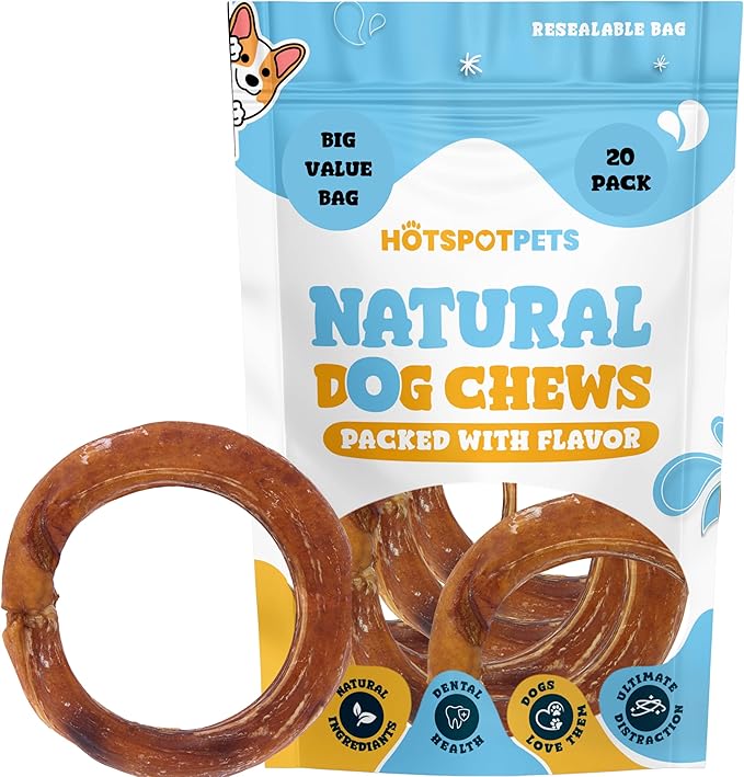 hotspot pets Bully Stick Rings for Dogs - (20 Pack) 4" Premium All Natural Long Twisted Beef Pizzle Dog Chew Treats, Low Odor- Grain Free Fully Digestible Rawhide Alternative -Thick Chew Circles