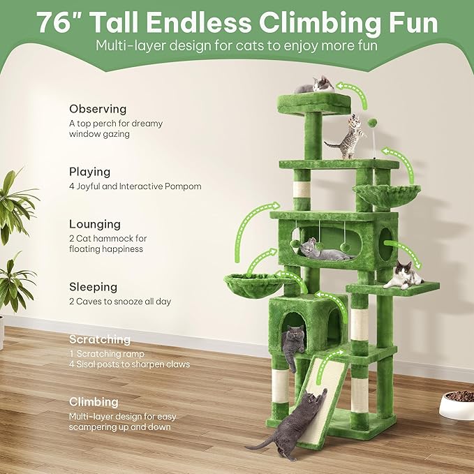 76in Cat Tree for Indoor Large Cats, Tall Cat Tower with Scratching Posts, Cat Tree Tower w/Hanging Balls, Multi-Level Condo Cozy Hammock, House, Large Activity Center, Green