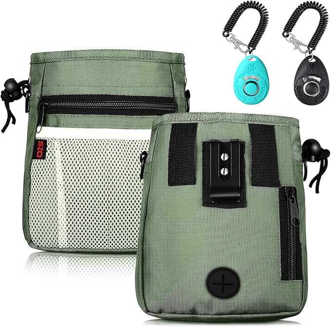 Dog Treat Pouch-3 Ways to Wear Treat Pouches for Pet Training and 2 Pieces Clicker Taining for Dogs,Dog Training Treat Pouch Bag and Dog Clicker for training with Waist Belt Shoulder Strap-Dark Green