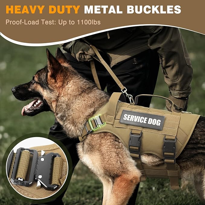 WINSEE Tactical Dog Harness with Dog Leash, Service Working MOLLE Vest with 10 Pet Patches for Large Dog, No Pull Military Harness and Backpack for Training Hunting Walking