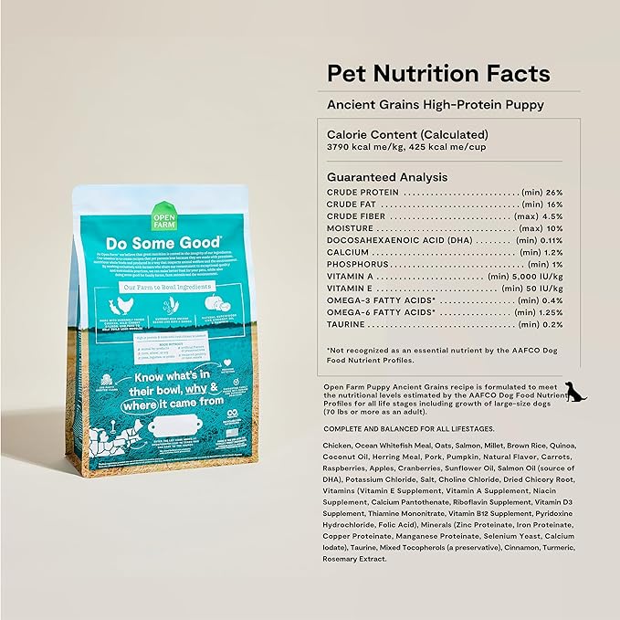 Open Farm, Ancient Grains Dry Dog Food for Puppies, Protein-Rich & Nutrient Dense, 90% Animal Protein Mixed with Non-GMO Fruits, Veggies and Superfoods, Chicken & Salmon Recipe for Puppy, 4lb Bag