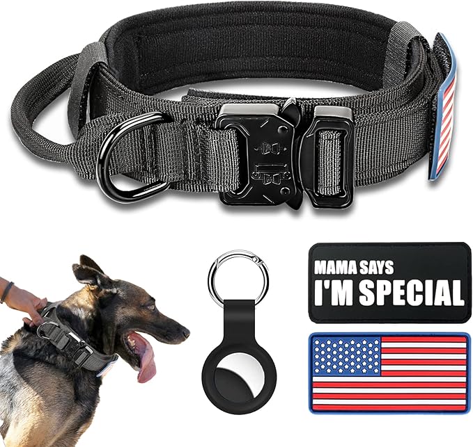 Tactical Military Collar - Adjustable Nylon, Heavy Duty Metal Buckle with Handle for Dog Training, with Patches (L, Black)