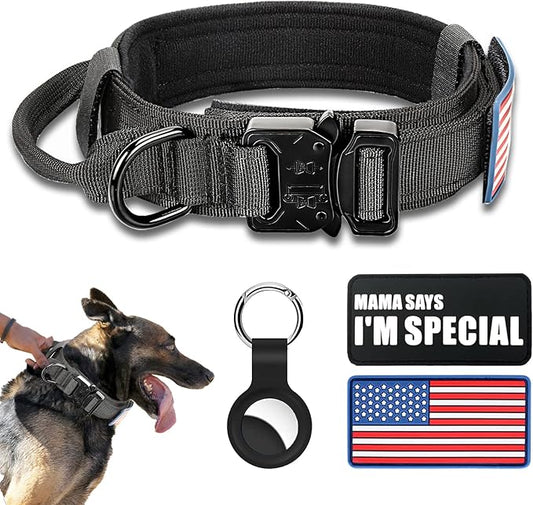 Tactical Military Collar - Adjustable Nylon, Heavy Duty Metal Buckle with Handle for Dog Training, with Patches (L, Black)