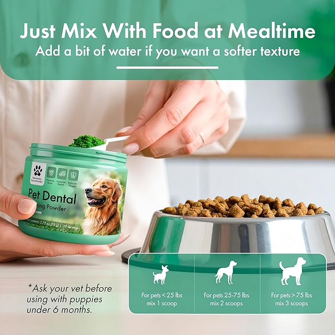 Dog Dental Powder – Dog Breath Freshener – Plaque Off and Tartar Remover for Dogs, Bad Breath Treatment, Natural Tooth Cleaning Powder for Dogs of All Breeds and Sizes – Oral Care Supplement for Pets