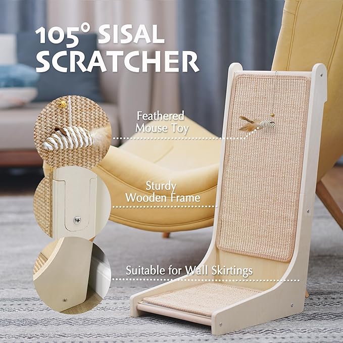 PETKARAY 105° Cat Scratcher, Sisal Kitty Scratch Pad, L Shape Scratching Board for Indoor Cats, Floor Mounted Scratcher with Mouse Toy Catnip