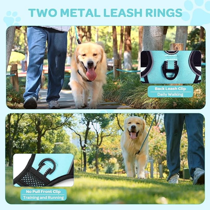 FURRYFECTION Dog Harness | No Pull Dog Harness | Reflective Oxford | Padded Handle | 4 Adjustable Straps | 2 Leash Clips | No Choke Pet Vest Harness for Small Medium Large Dogs | Turquoise | M