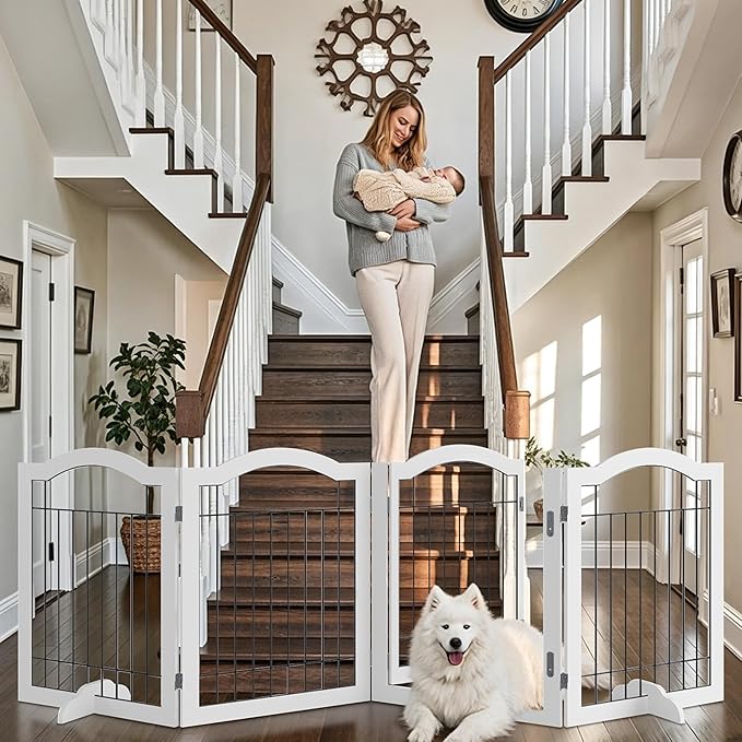 Vantas Folding No-Assembly Dog Door Pet Gate 96" Wide, 30" Tall Wooden Dog Gate with Door Walk Through, Freestanding Wire Pet Gate, Pet Puppy Safety Fence, with 2PCS Support – White