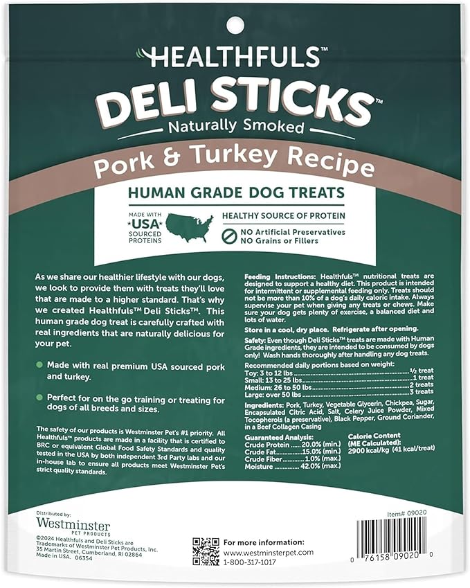 HEALTHFULS Deli Sticks Pork and Turkey Human-Grade Gluten-Free Soft and Chewy Dog Treats, 10 Count Bag