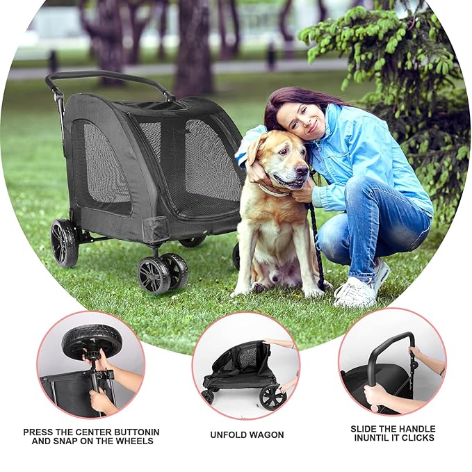 Dog Stroller with 4 Wheels, Folding Cat Strolling for Small/Medium/Large Dogs & Cats to 120 lbs, pet Stroller with Removable Carrier, Storage Basket,Cup Holder (Black)