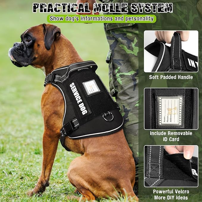 Tactical Dog Harness and Leash Set for Large Dogs,Heavy Duty No Pull Service Dog Vest and 10 Patches with Dog Seat Belt,Reflective Adjustable Pet Harness for Training Walking Hiking Black XL