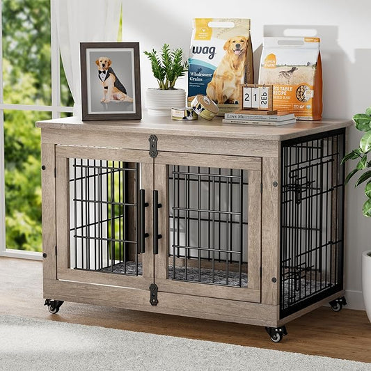 Dog Crate Furniture with Cushion, Wooden Dog Kennel with Double Doors, Heavy Duty Dog Cage End Table with Wheels, Dog House Indoor for Small Medium Dogs up to 45 lb, 32.5” L, Grey