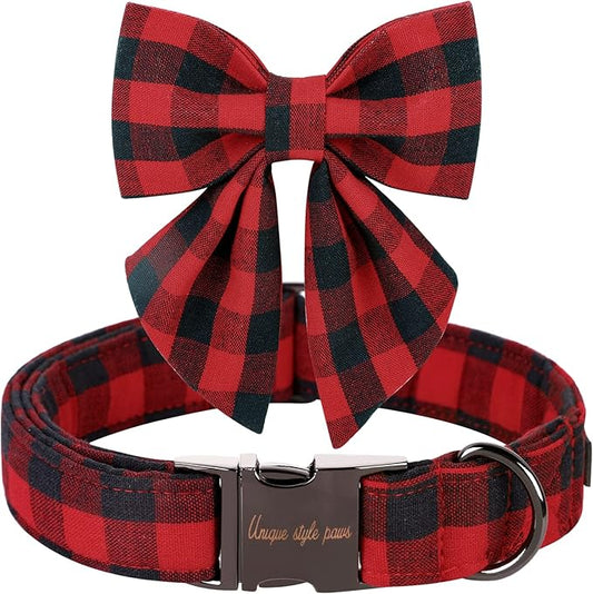 Unique style paws Christmas Dog Collar with Bow Tie Classic Red Plaid Puppy Collar for Small Medium Large Dogs as Holiday Winter Gifts-S