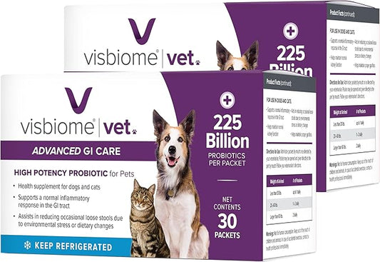 Visbiome® Vet Advanced GI Care Probiotic for Dogs & Cats – 225B CFU, 8-Strain Formula – Veterinarian Recommended, Clean Label Certified – 60 Packets