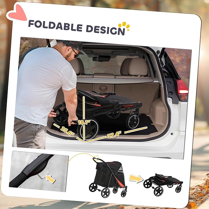 PawHut Dog Stroller for Large Medium Small Dogs up to 66 Lbs. 23.5" in Body Length, One-Click Foldable Pet Cat Stroller with Storage, Shock Absorption Wheels, Mesh Window, Safety Leash, Black