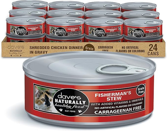 Dave's Pet Food Grain Free Wet Cat Food (Shredded Fishaerman Stew), Made in Canada Naturally Healthy Canned Cat Food, Added Vitamins & Minerals, Wheat GMO & Gluten-Free, 5.5 oz (24 Pack)