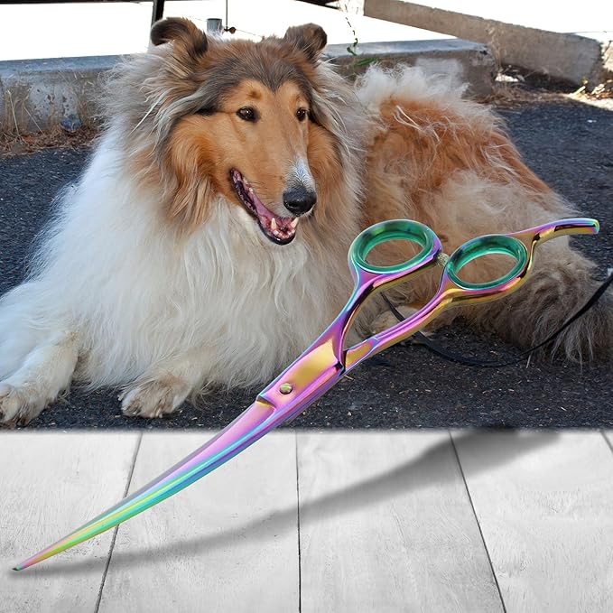 Sharf Rainbow 8.5 Inch Curved Dog Grooming Scissors - Trusted Brand - Premium Steel Professional Dog Grooming Scissors - Ergonomic Design