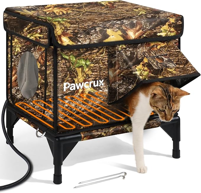 Heated Cat House for Outdoor in Winter, Insulated & Safe Escape Door & Waterproof Heated Cat Bed Shelter with Heating Pad, Warm Home for Outside Feral Barn Stray Kitty(Leaf Color, 12.6"x16.5"x16.9")