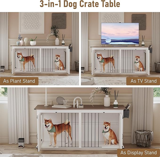 Large Dog Crate Furniture for 2 Dogs, Extra-Large Indoor Dog House with Partition, Heavy-Duty Sturdy Dog Kennel for Large Dogs, 1 Storage Bag, Farmhouse Style Cage
