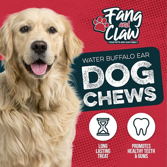 Fang & Claw 50 Count Water Buffalo Ears for Dogs – 100% Natural, Single-Ingredient, Long-Lasting Rawhide Alternative, Grain-Free