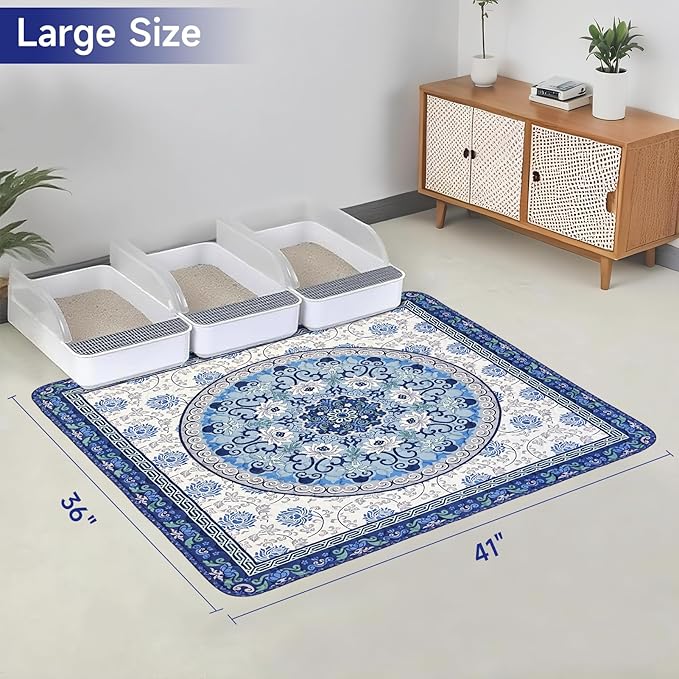 Cat Litter Mat, Reusable Kitty Litter Trapping Mat 2 PCs, 41"x36" Washable Litter Mats for Cats, Waterproof & Non-Slip Compatible with Cat Box (Indigo Blue Medallion, 41"x36"(2 PCS))