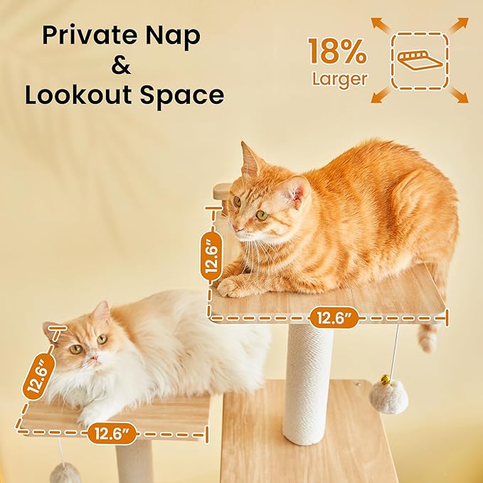 Large Modern Cat Tree - 70 inch Tall Cat Tower for Indoor Cats, Multi-Level Cat Condo with 7 Fully Wrapped Scratching Posts,2 Spacious Perches, Hammock, Cozy Pad & Dangling Balls-Light Brown