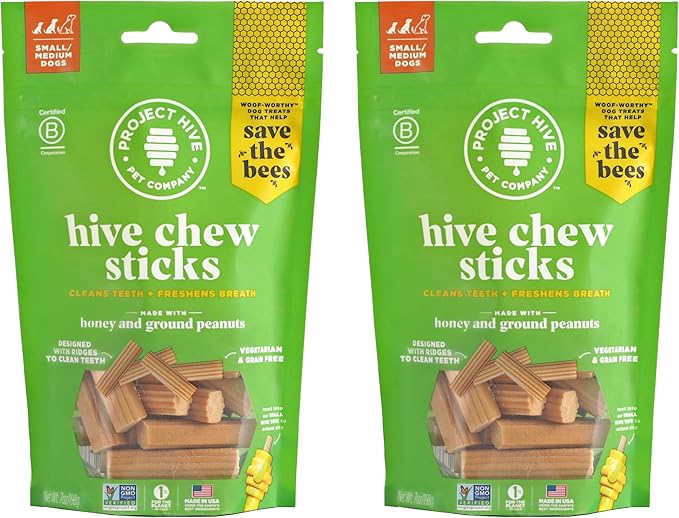 Hive Chew Stick Treats for Small Dogs 2 Pack— Healthy, Non-GMO Project Verified, Natural Peanut Butter Flavored, Natural, Vegetarian Chews, Made in The USA (Chew Sticks, Small Breeds)